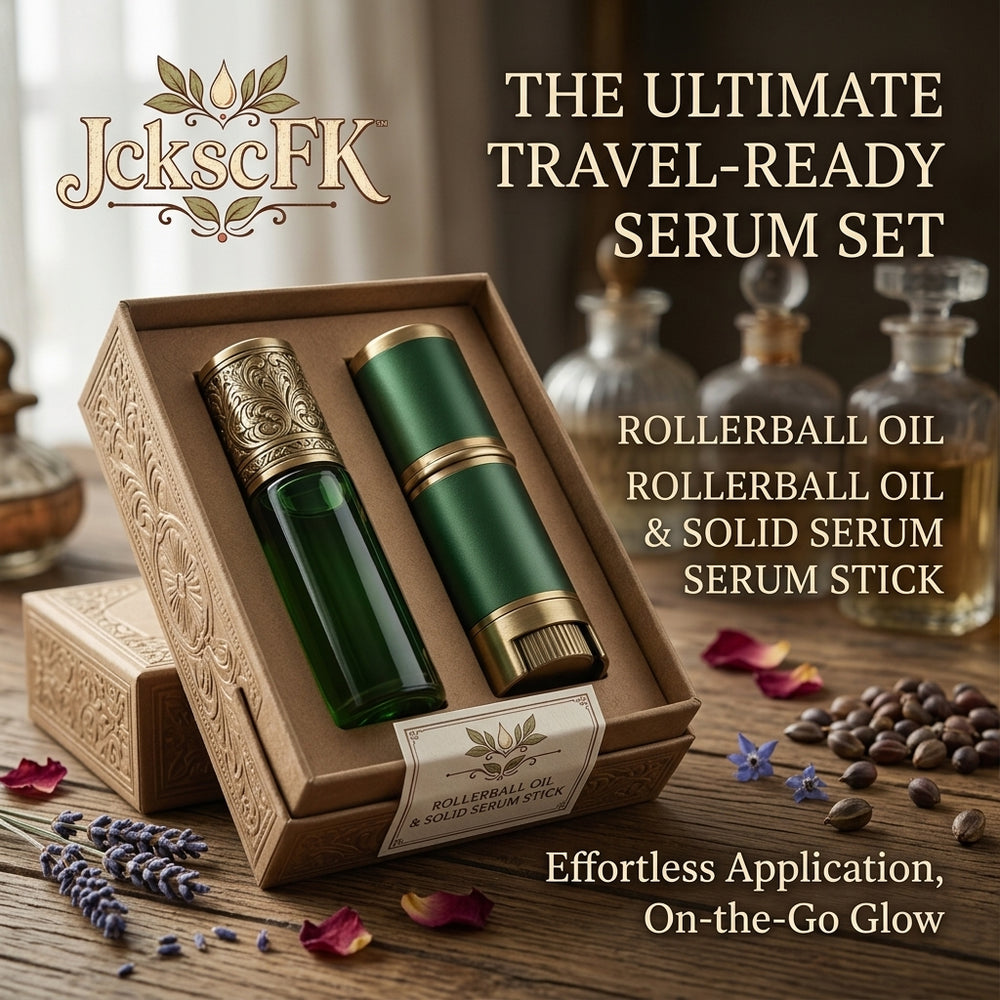 JckscFK™ Travel-Ready Serum Set, Rollerball Face Oil & Solid Serum Stick, Portable Hydrating Glow Serum, On-the-Go Skincare Balm, Moisturizing Facial Oil Roller for Dry Skin, Purse-Friendly Beauty Gift Set